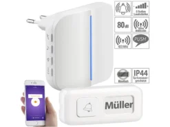 Somikon Klingel:WLAN-Steckdosen-Empfänger & Kinetischer Klingelknopf, App, 100m, 80dB