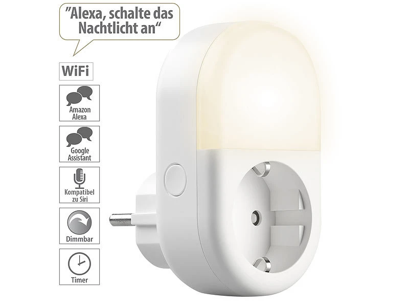 Luminea Home Control LED-Nachtlicht-Plug-in:2er-Set WLAN-Steckdose Mit LED-Nachtlicht, App & Sprachsteuerung, 16 A - Image 4