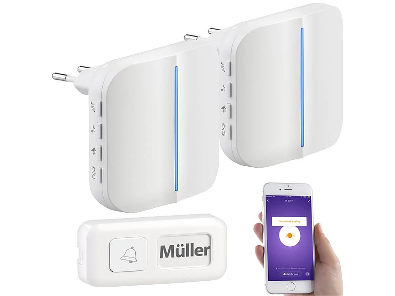 Somikon WLAN Türklingel:2 WLAN-Steckdosen-Empfänger, Kinetischer Klingelknopf, App, 100m, 80dB - Image 2
