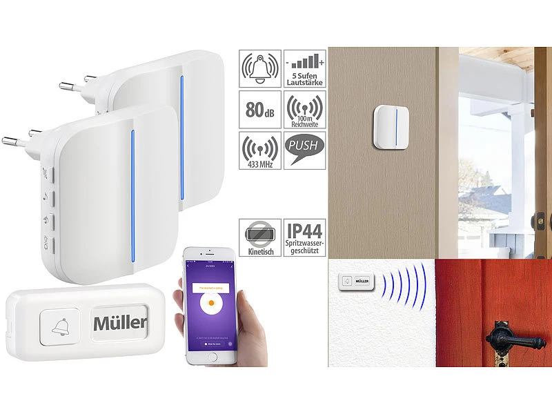 Somikon WLAN Türklingel:2 WLAN-Steckdosen-Empfänger, Kinetischer Klingelknopf, App, 100m, 80dB