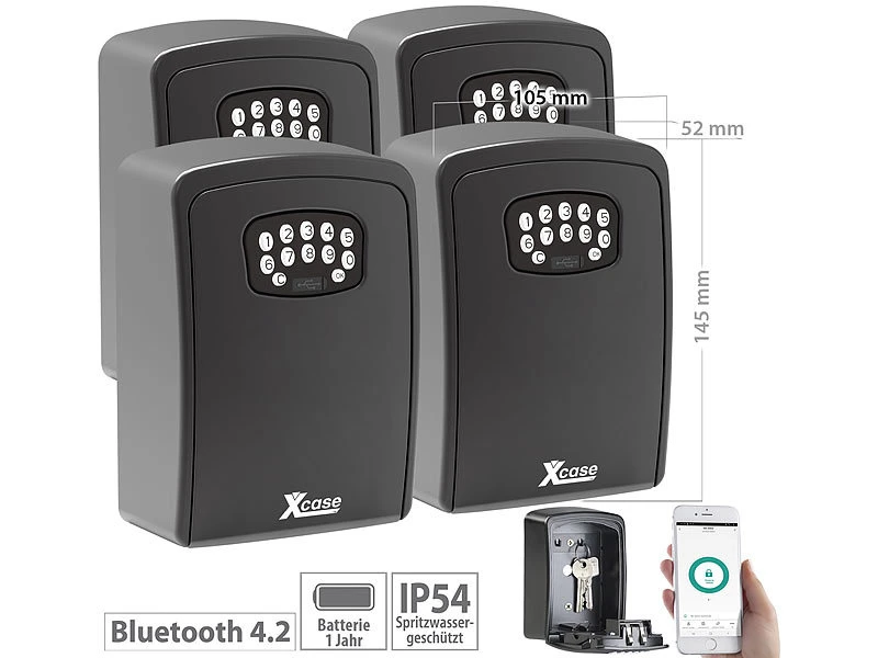 Xcase Schlüsselbox:4er Set Mini-Schlüssel-Safe Mit Bluetooth Und App, IP54