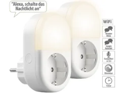 Luminea Home Control LED-Nachtlicht-Plug-in:2er-Set WLAN-Steckdose Mit LED-Nachtlicht, App & Sprachsteuerung, 16 A