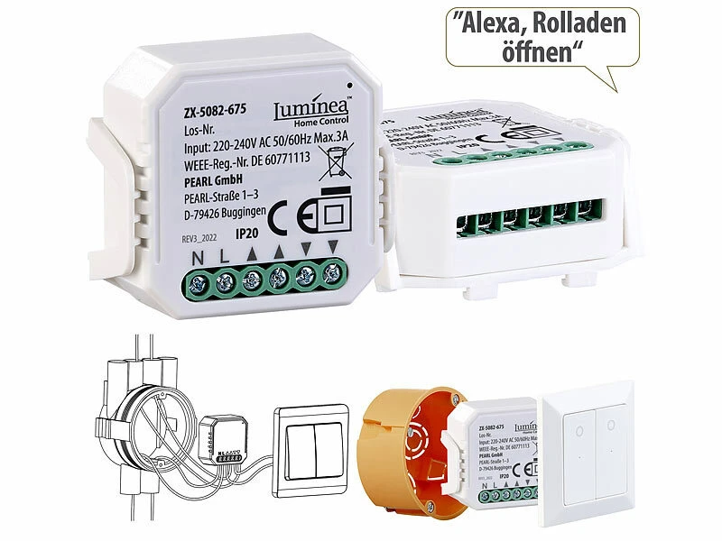 Luminea Home Control WLAN Rolladenschalter:2er-Set WLAN-Unterputzmodule Für Smarte Rollladen, App & Sprachbefehl - Image 3