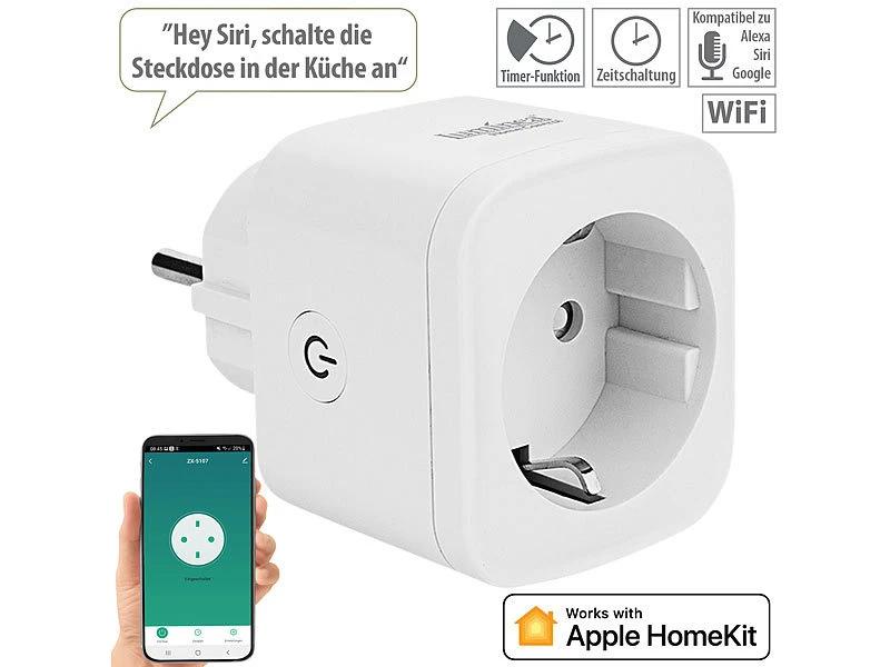 Luminea Home Control Funksteckdosen:WLAN-Steckdose, Apple-HomeKit-zertifiziert, Mit App & Sprachsteuerung