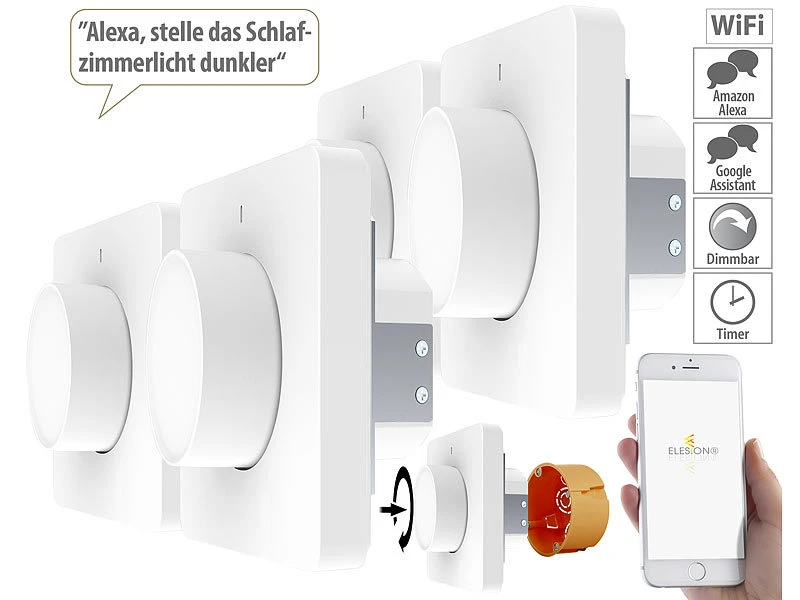 Luminea Home Control Alexa Dimmer-Schalter:4er WLAN-Lichtschalter & Dimmer Mit Dreh-/Drück-Funktion Und App