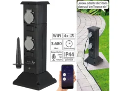 Royal Gardineer WLAN Gartensteckdose:4-fach-WLAN-Outdoor-Steckdosen-Säule, App, Sprachsteuerung, 16 A, IP44
