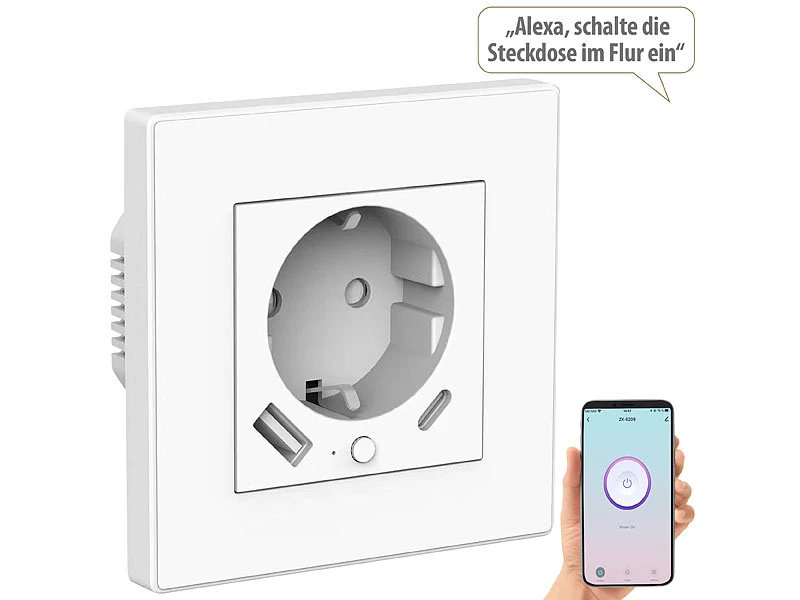 Luminea Home Control Unterputz Steckdose:2in1-WLAN-Unterputzsteckdose Mit USB-C- Und USB-A-Netzteil, 2 A, App - Image 2