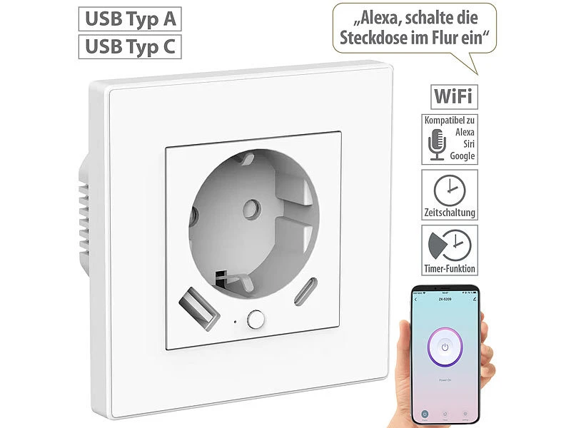 Luminea Home Control Unterputz Steckdose:2in1-WLAN-Unterputzsteckdose Mit USB-C- Und USB-A-Netzteil, 2 A, App