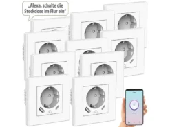 Luminea Home Control Steckdosen:10er-Set WLAN-Unterputzsteckdosen Mit App, Je 1x USB A, 1x USB C, 2 A
