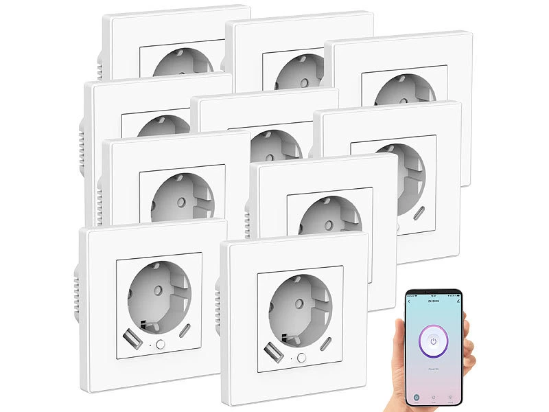 Luminea Home Control Steckdosen:10er-Set WLAN-Unterputzsteckdosen Mit App, Je 1x USB A, 1x USB C, 2 A - Image 2