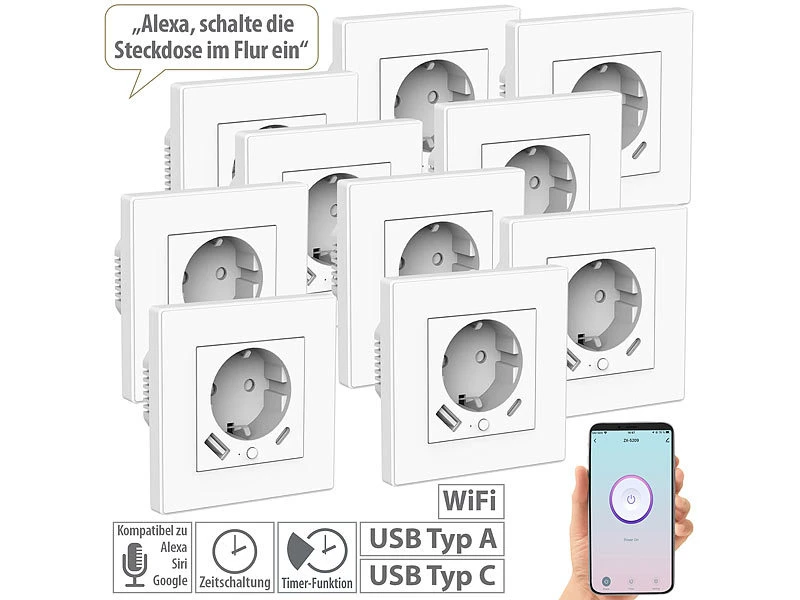 Luminea Home Control Steckdosen:10er-Set WLAN-Unterputzsteckdosen Mit App, Je 1x USB A, 1x USB C, 2 A - Image 3
