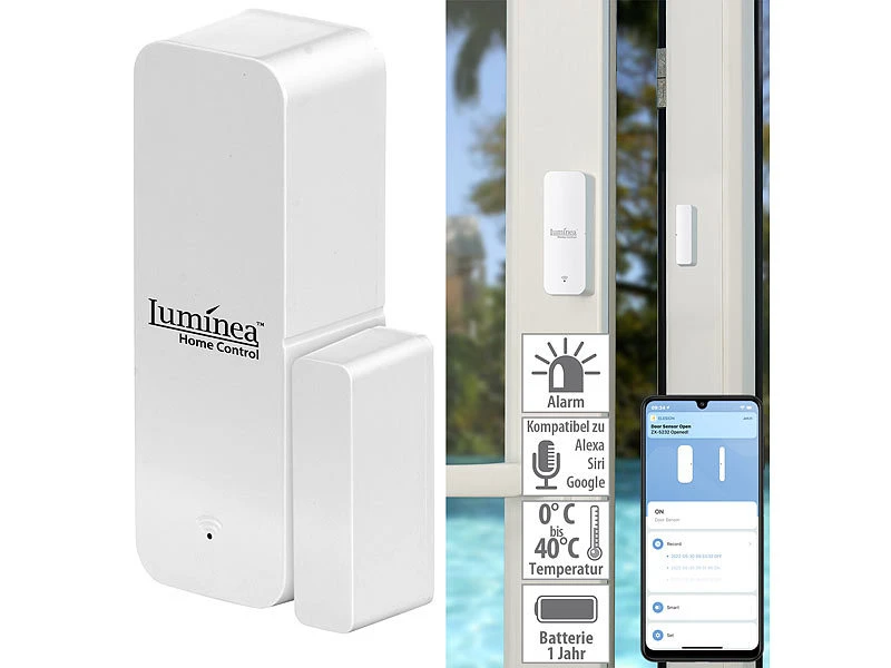 Luminea Home Control ZigBee Türkontakt:ZigBee-Tür- & Fensteralarm, Für Alexa, Google Assistant Und Siri, App