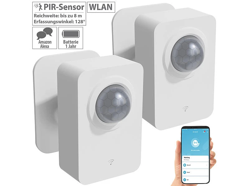 Luminea Home Control Bewegungsmelder Alarm:2er-Set ZigBee-PIR-Bewegungsmelder, 8 M Reichweite, App