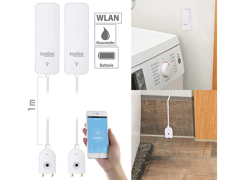 Luminea Home Control ZigBee Wassersensor:2er-Set ZigBee-Wassermelder Mit Externem Sensor, App