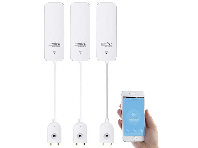 Luminea Home Control Wassermelder Funk:3er-Set ZigBee-Wassermelder, Ext. Sensor, 2 J. Batterielaufzeit, App - Image 2