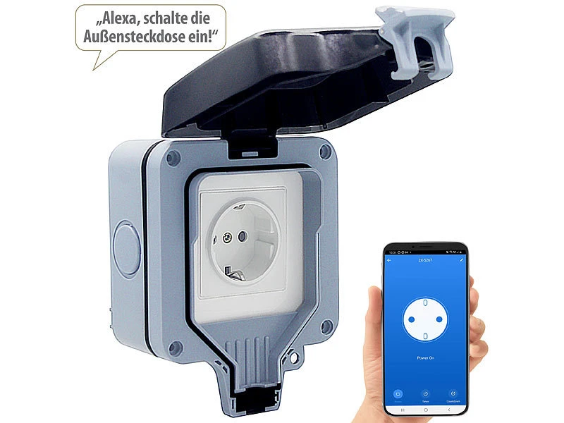Luminea Home Control Outdoor Steckdose:Outdoor-WLAN-Aufputzsteckdose, Sprachsteuerung, Verbrauchsmesser, App - Image 2
