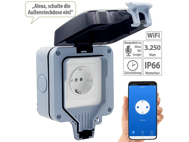Luminea Home Control Outdoor Steckdose:Outdoor-WLAN-Aufputzsteckdose, Sprachsteuerung, Verbrauchsmesser, App