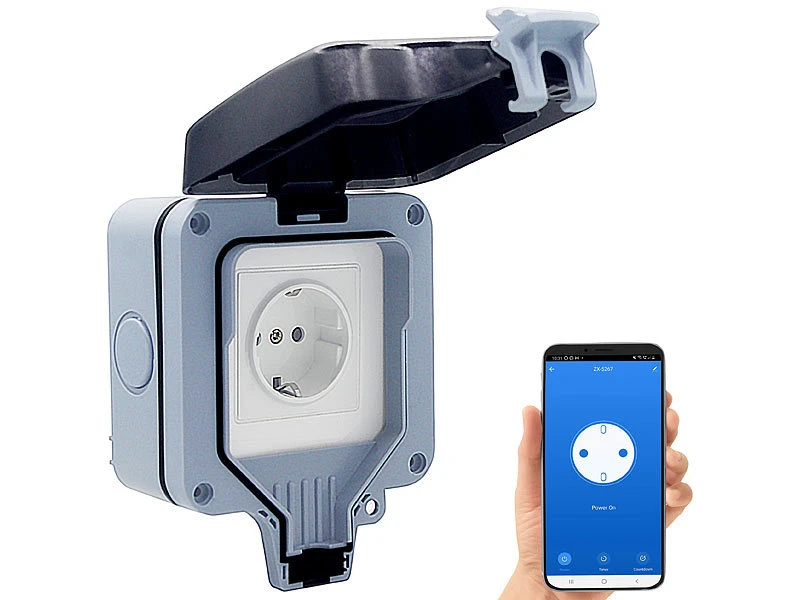 Luminea Home Control Outdoor Steckdose:Outdoor-WLAN-Aufputzsteckdose, Sprachsteuerung, Verbrauchsmesser, App - Image 3