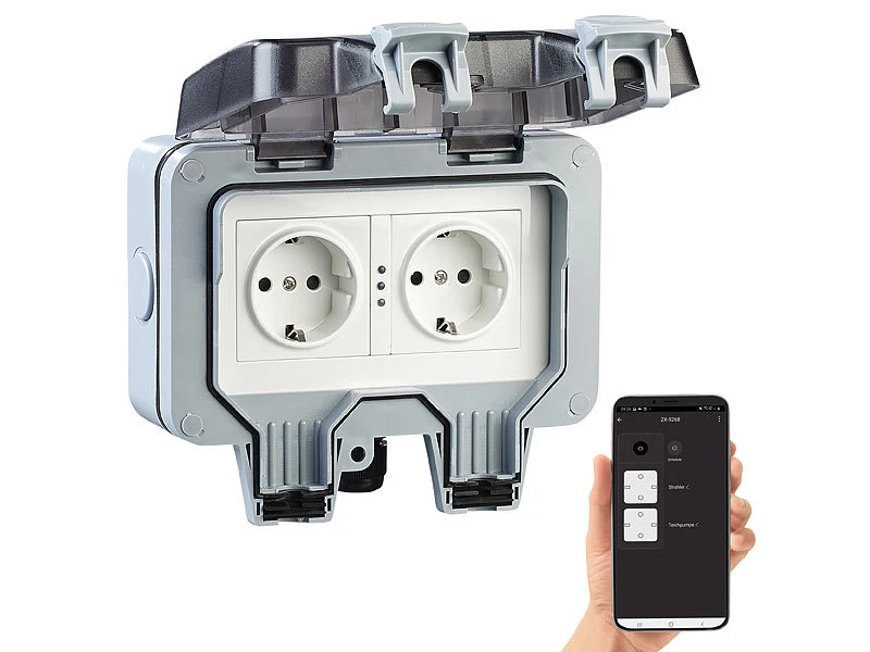 Luminea Home Control Außensteckdose WLAN:2er-Set Outdoor-WLAN-Doppelsteckdosen, Sprachbefehl, Strommessung, App - Image 11
