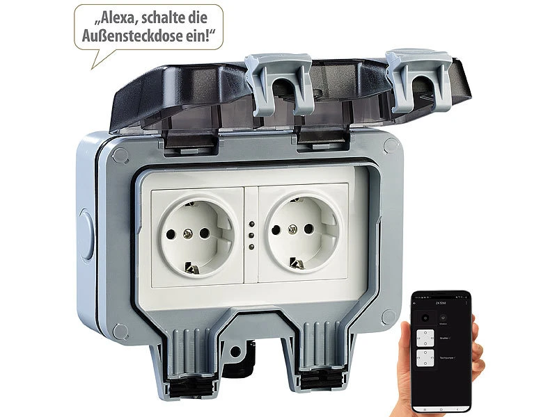 Luminea Home Control Außensteckdose WLAN:2er-Set Outdoor-WLAN-Doppelsteckdosen, Sprachbefehl, Strommessung, App - Image 10