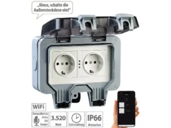 Luminea Home Control WLAN Steckdose:Outdoor-WLAN-Aufputz-Doppelsteckdose, Sprachbefehl, Strommessung, App