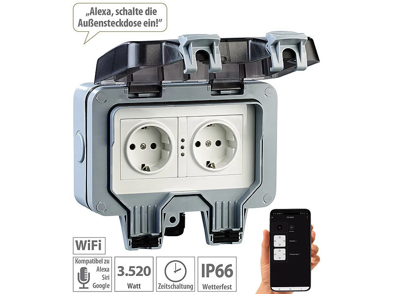 Luminea Home Control Außensteckdose WLAN:2er-Set Outdoor-WLAN-Doppelsteckdosen, Sprachbefehl, Strommessung, App - Image 9