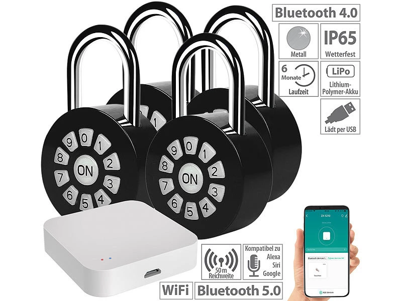 Xcase BT-Schloss:4er Metall-Vorhängeschloss Mit Zahlencode Und App, IP65 + Gateway