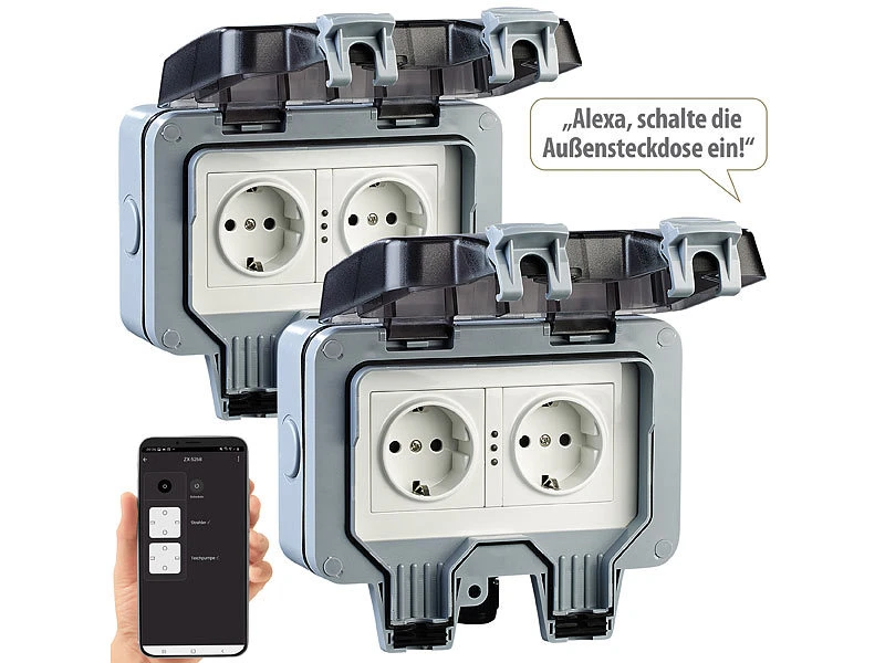 Luminea Home Control Außensteckdose WLAN:2er-Set Outdoor-WLAN-Doppelsteckdosen, Sprachbefehl, Strommessung, App - Image 2
