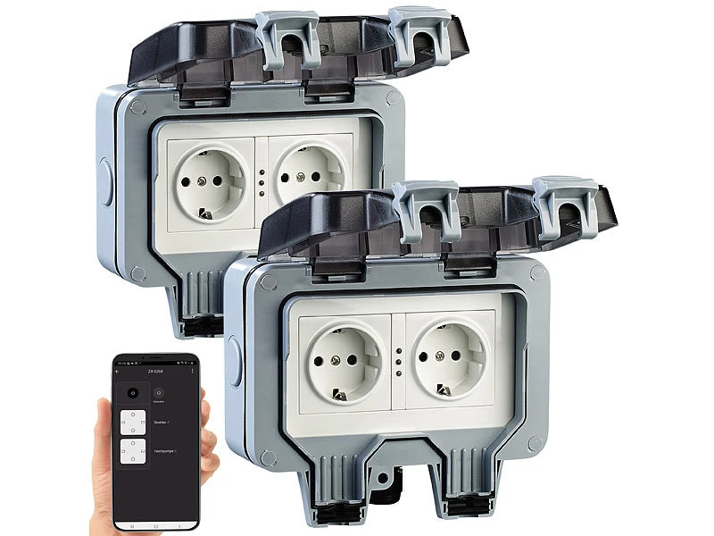 Luminea Home Control Außensteckdose WLAN:2er-Set Outdoor-WLAN-Doppelsteckdosen, Sprachbefehl, Strommessung, App - Image 3
