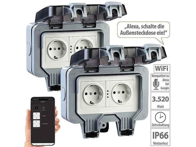 Luminea Home Control Außensteckdose WLAN:2er-Set Outdoor-WLAN-Doppelsteckdosen, Sprachbefehl, Strommessung, App