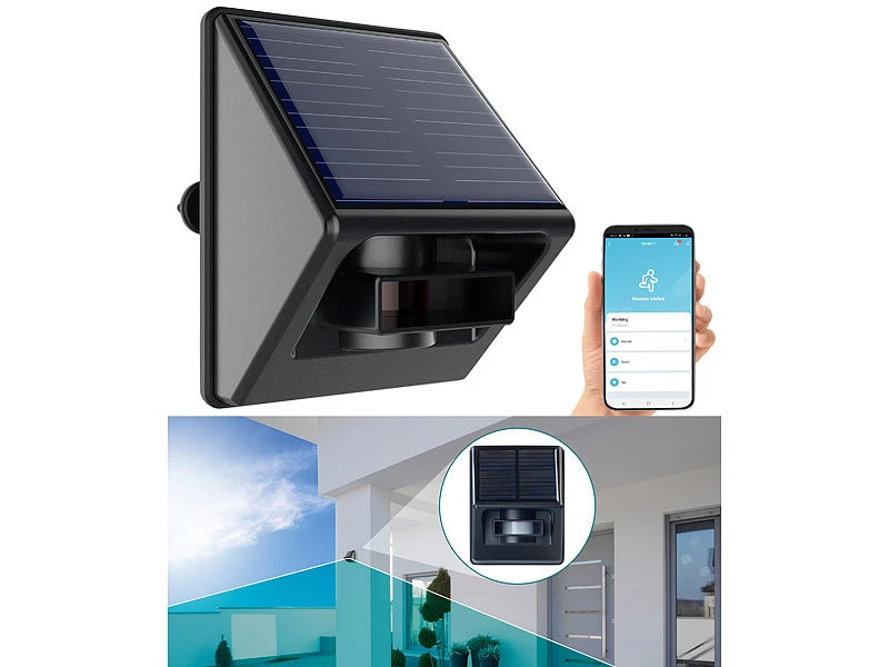 Luminea Home Control Bewegungsmelder Mit App:2er-Set Outdoor-PIR-Sensoren, Solarpanel, App, IP55, ZigBee-kompatibel - Image 10