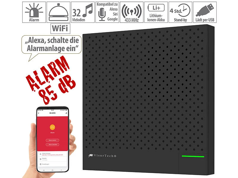 VisorTech Alarmzentrale:WLAN-Alarmanlage Mit Funk-Anbindung, App, Sprachsteuerung