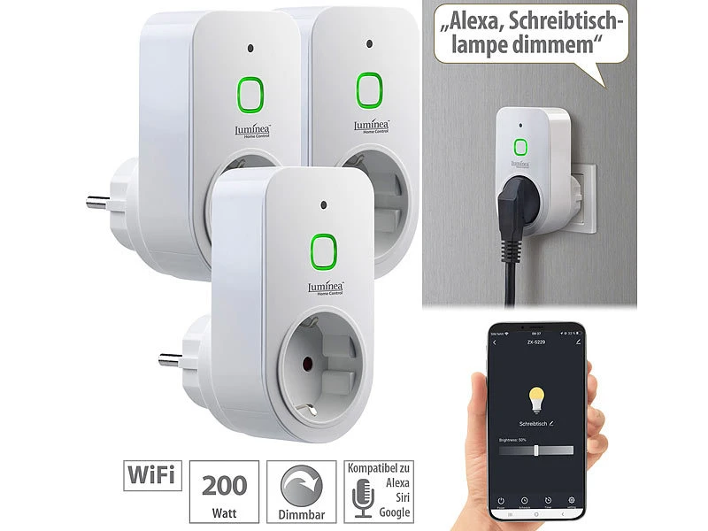 Luminea Home Control Dimmersteckdosen:3er Smarte WLAN-Dimmer-Steckdose Mit Phasenabschnittsdimmer Bis 200 W