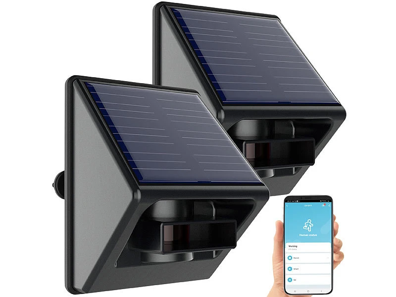 Luminea Home Control Bewegungsmelder Mit App:2er-Set Outdoor-PIR-Sensoren, Solarpanel, App, IP55, ZigBee-kompatibel - Image 3