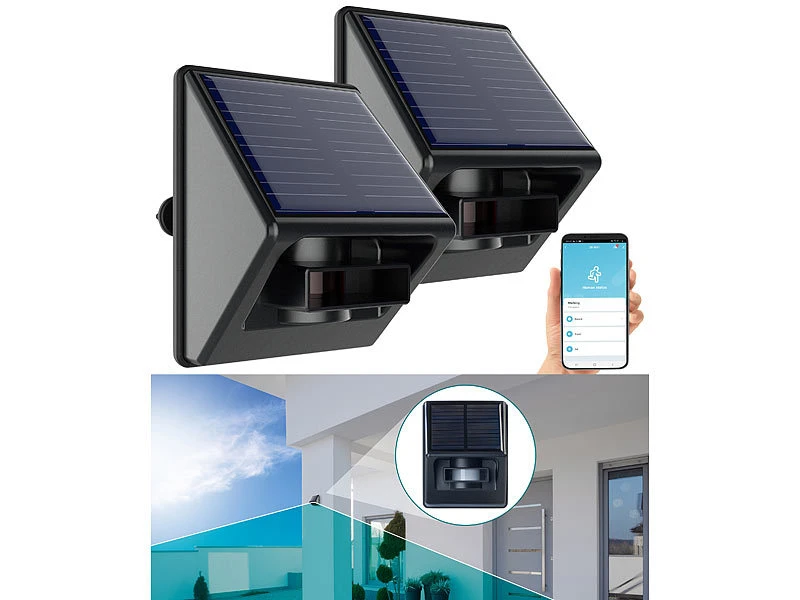 Luminea Home Control Bewegungsmelder Mit App:2er-Set Outdoor-PIR-Sensoren, Solarpanel, App, IP55, ZigBee-kompatibel - Image 2