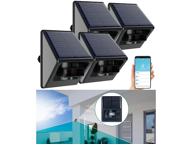 Luminea Home Control Bewegungssensor PIR:4er-Set Outdoor-PIR-Sensoren, Solarpanel, App, IP55, ZigBee-kompatibel - Image 2