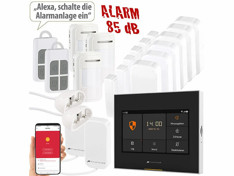 VisorTech Alarmsystem:14-tlg. Funk-Alarmanlage: 11 Sensoren, 2 Fernbedienungen, GSM WLAN App
