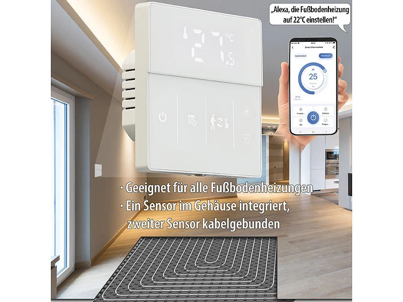 Revolt Alexa-Thermostat Heizung:4er-Set WLAN-Fußbodenheizung-Thermostate Mit App, Weiß - Image 13