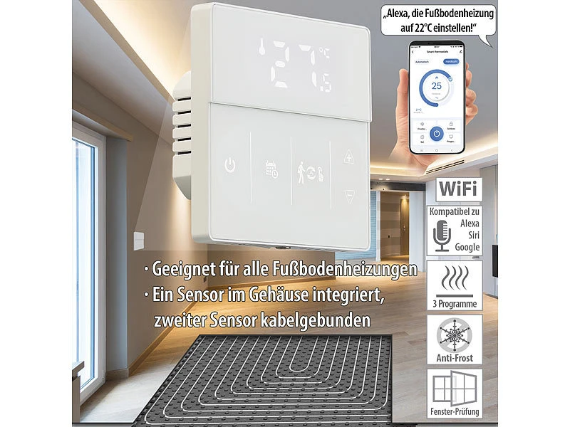 Revolt Thermostat WiFi:WLAN-Fußbodenheizung-Thermostat Mit App Und Sprachsteuerung, Weiß
