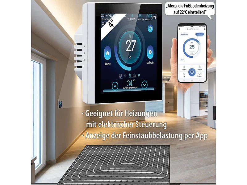 Revolt Thermostat Heizung WLAN:2er-Set WLAN-Thermostate Für Fußbodenheizungen, Touchdisplay - Image 10