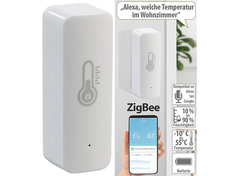 Luminea Home Control ZigBee Hygrometer:2er-Set ZigBee-Temperatur- & Luftfeuchtigkeits-Sensoren Mit App - Image 9