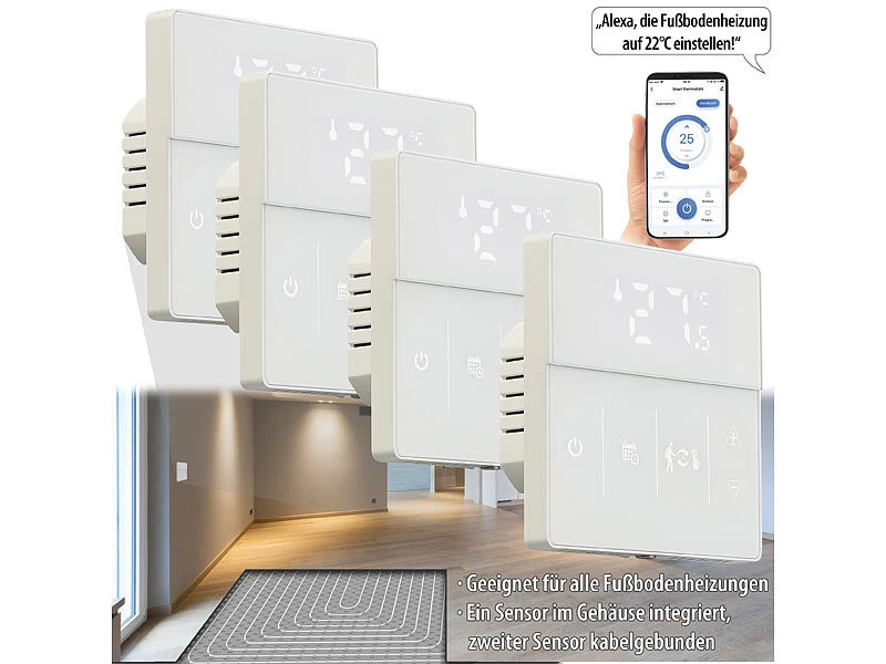 Revolt Alexa-Thermostat Heizung:4er-Set WLAN-Fußbodenheizung-Thermostate Mit App, Weiß - Image 2