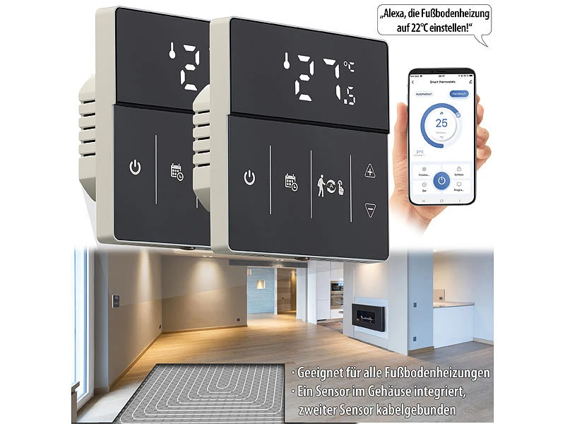 Revolt Alexa Thermostat:2er-Set WLAN-Fußbodenheizung-Thermostate Mit App, Schwarz - Image 2