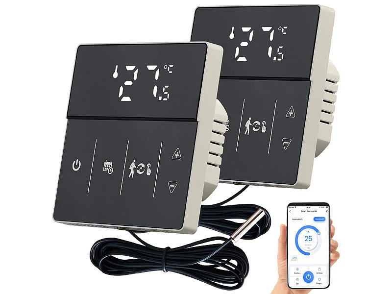 Revolt Alexa Thermostat:2er-Set WLAN-Fußbodenheizung-Thermostate Mit App, Schwarz - Image 3