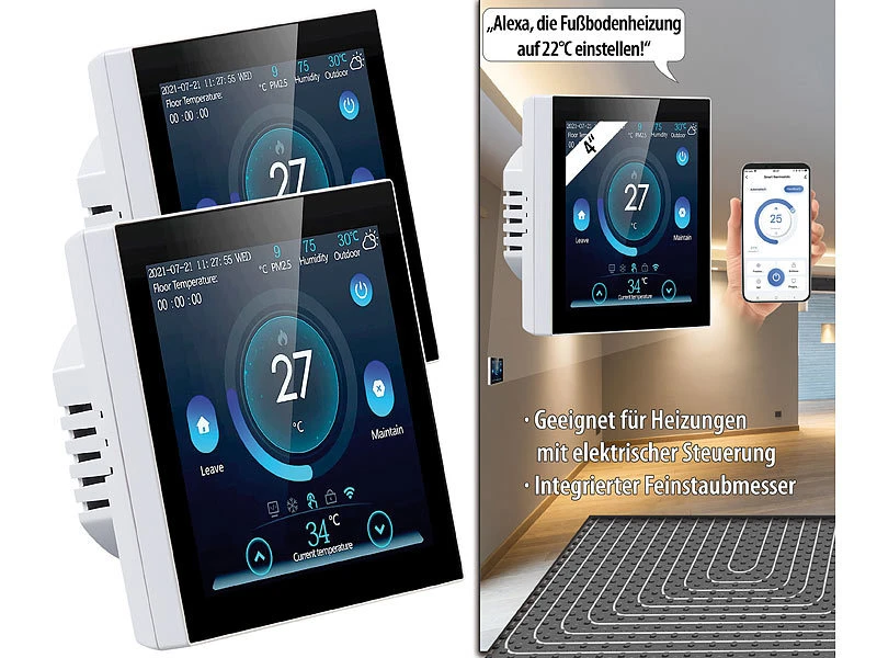 Revolt Thermostat Heizung WLAN:2er-Set WLAN-Thermostate Für Fußbodenheizungen, Touchdisplay - Image 2