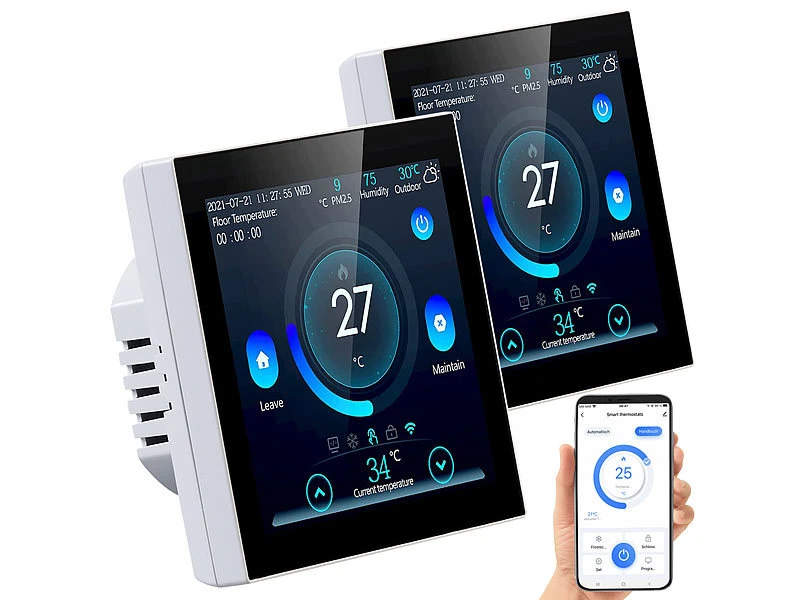 Revolt Thermostat Heizung WLAN:2er-Set WLAN-Thermostate Für Fußbodenheizungen, Touchdisplay - Image 3