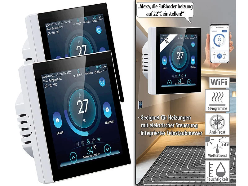 Revolt Thermostat Heizung WLAN:2er-Set WLAN-Thermostate Für Fußbodenheizungen, Touchdisplay