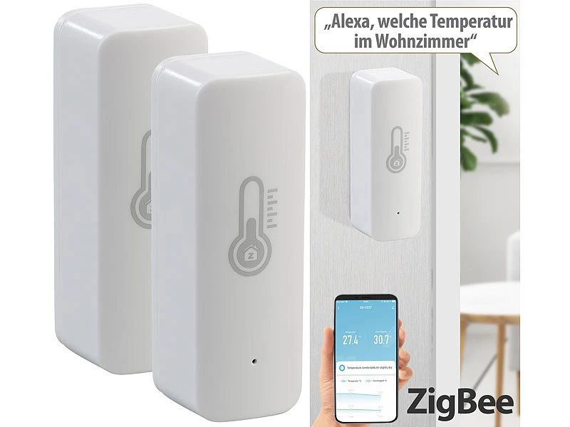 Luminea Home Control ZigBee Hygrometer:2er-Set ZigBee-Temperatur- & Luftfeuchtigkeits-Sensoren Mit App - Image 2