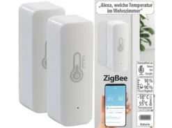 Luminea Home Control ZigBee Hygrometer:2er-Set ZigBee-Temperatur- & Luftfeuchtigkeits-Sensoren Mit App