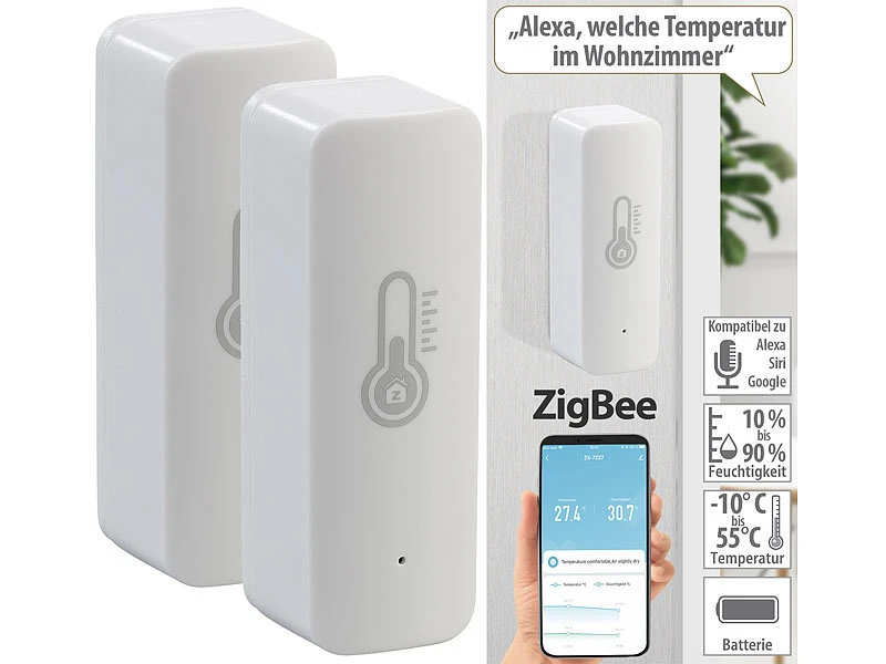Luminea Home Control ZigBee Hygrometer:2er-Set ZigBee-Temperatur- & Luftfeuchtigkeits-Sensoren Mit App